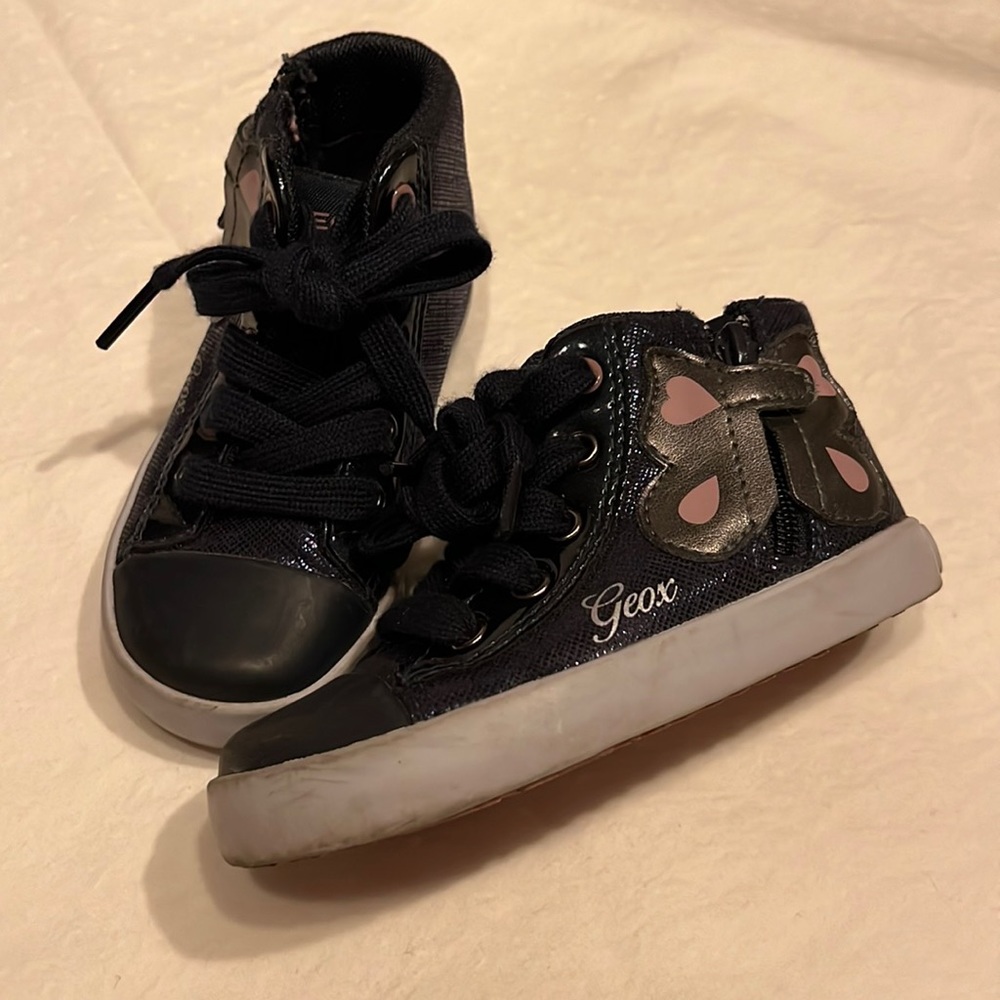 Geox Navy Blue Glitter High Top Butterfly Zip Sneakers Sz 23 / 7T
